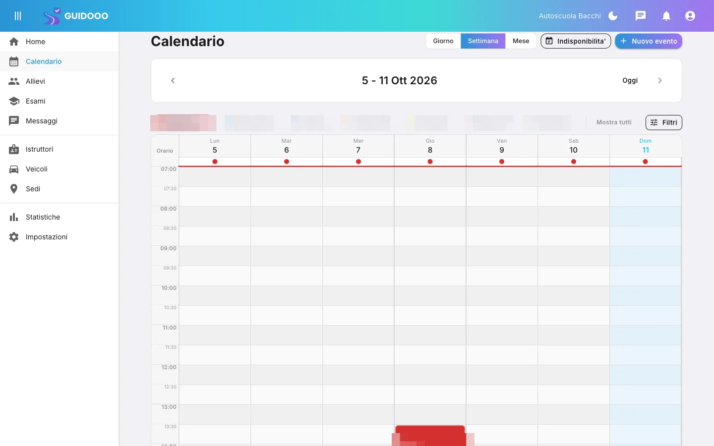 Console web Guidooo: calendario settimanale della segreteria (nomi oscurati)