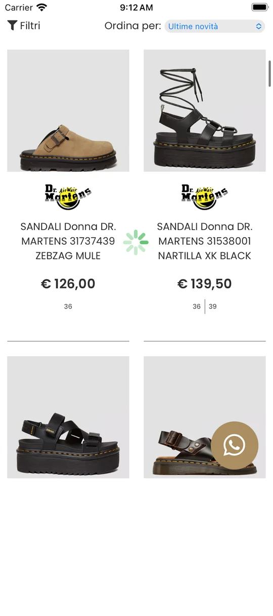App 33Sneakers su iPhone: catalogo sandali Dr. Martens con prezzi, filtri e ordinamento