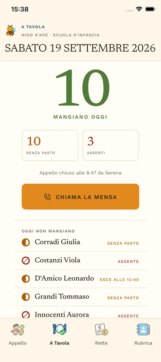 App Nido d'Ape su iPhone: pasti del giorno con presenti, assenti e chiamata alla mensa (dati demo)