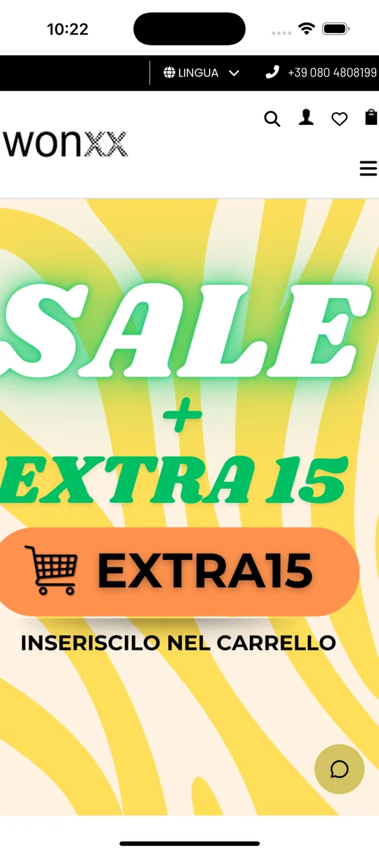 App Wonxx su iPhone: negozio di moda con promozione saldi e codice sconto