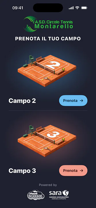 Circolo Tennis Montarello sull'App Store: la home dell'app con la prenotazione dei campi 2 e 3